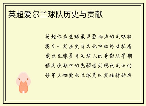英超爱尔兰球队历史与贡献